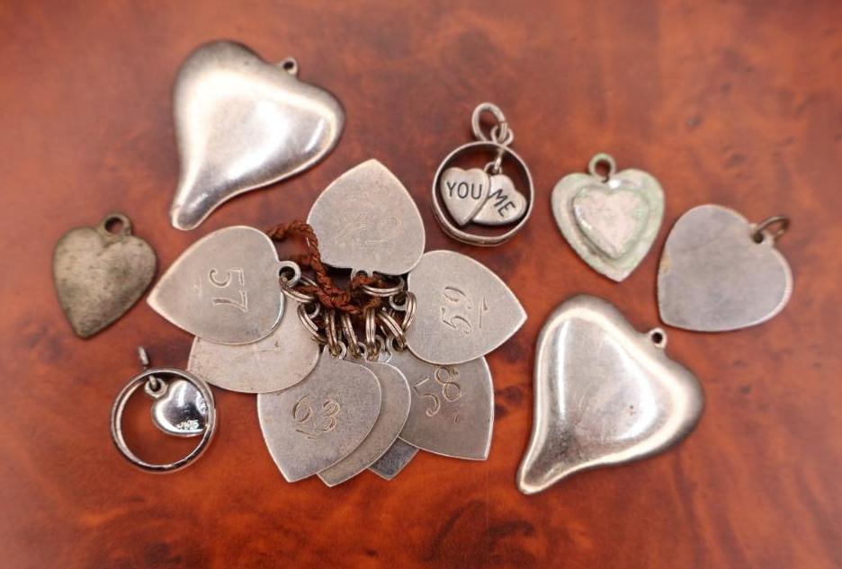 Collection of assorted antique Victorian and vintage sterling silver heart-shaped charms (1 of 7)