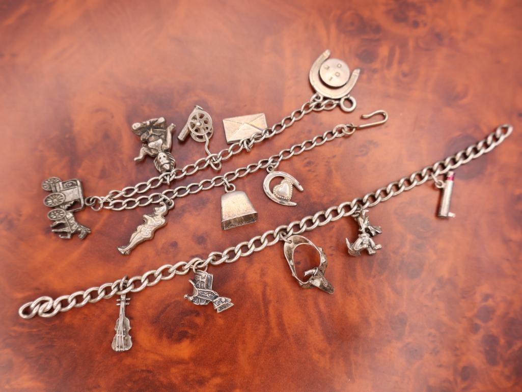 Two Vintage Charm Bracelets with Sterling Silver Charms: Thimble does not have 'o' ring to attach 