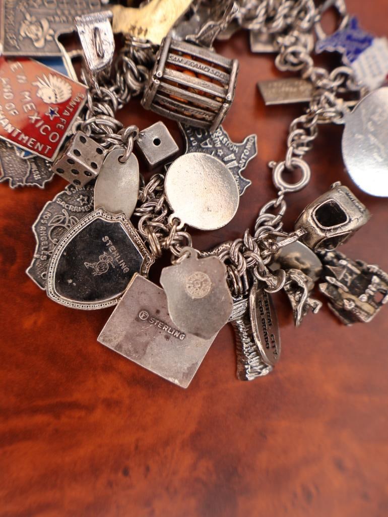 Vintage sterling silver charm bracelet with lots of Charms Including 14k Gold Florida Charm - 10