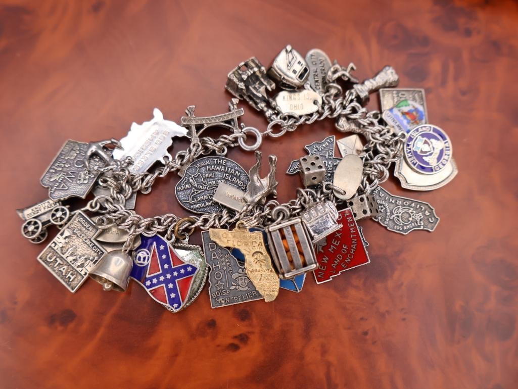 Vintage sterling silver charm bracelet with lots of Charms Including 14k Gold Florida Charm (1 of 13)