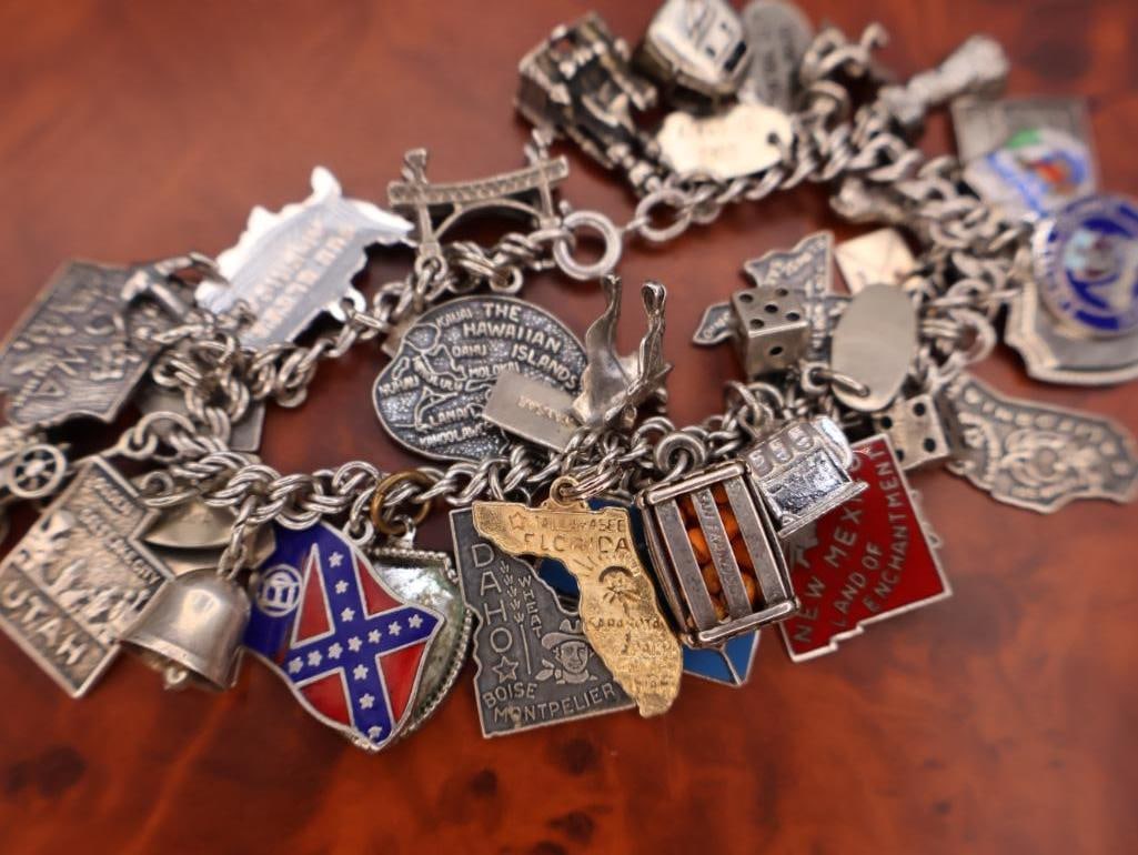 Vintage sterling silver charm bracelet with lots of Charms Including 14k Gold Florida Charm - 4