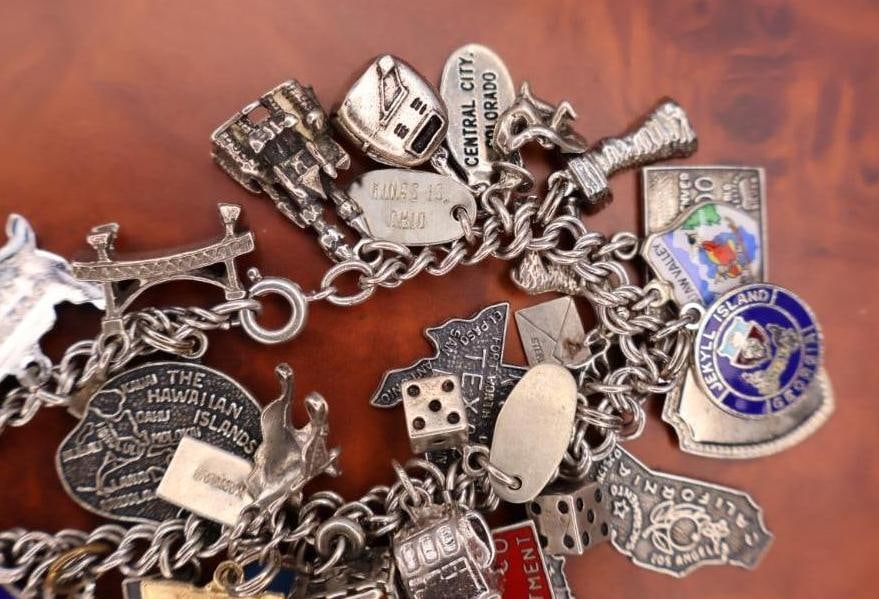 Vintage sterling silver charm bracelet with lots of Charms Including 14k Gold Florida Charm - 5