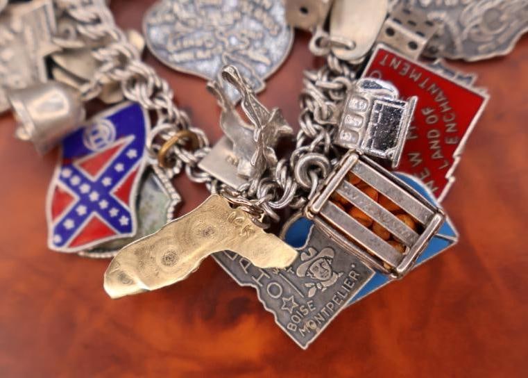 Vintage sterling silver charm bracelet with lots of Charms Including 14k Gold Florida Charm - 6