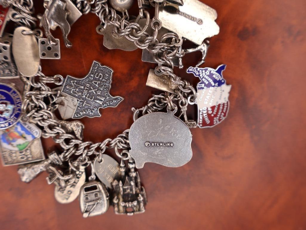 Vintage sterling silver charm bracelet with lots of Charms Including 14k Gold Florida Charm - 8