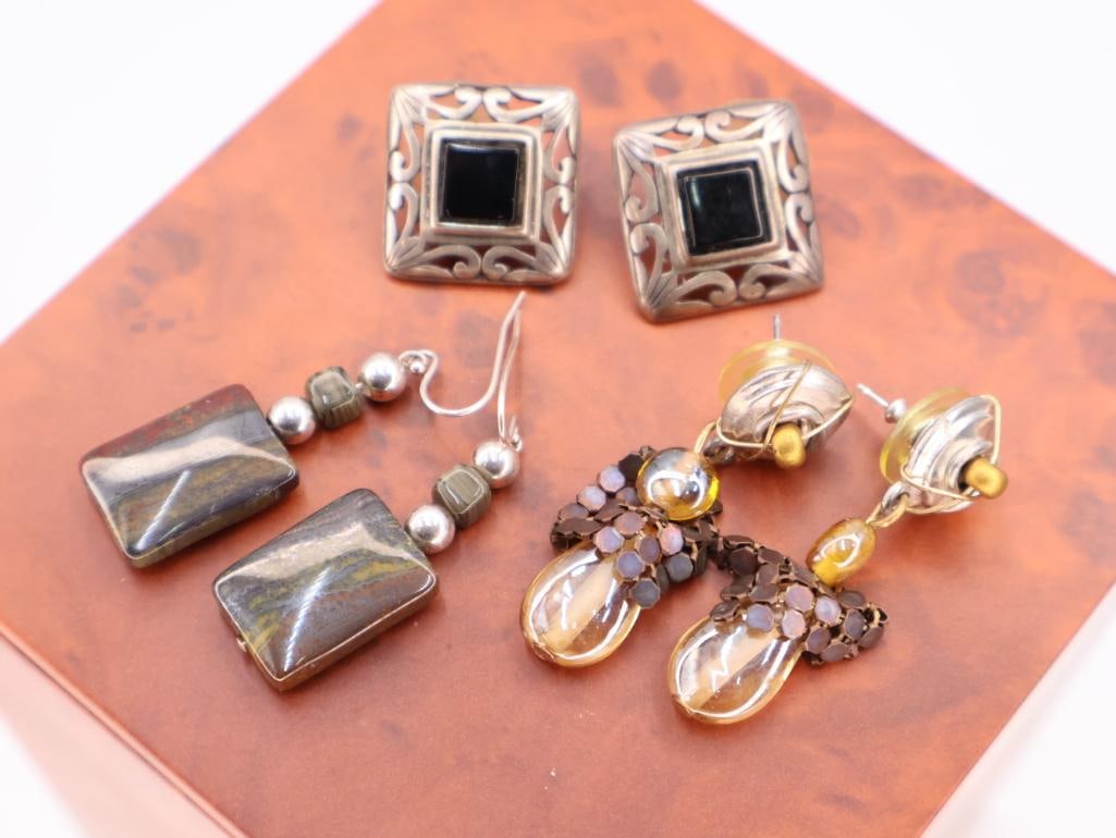 Three pairs earrings inculding Sterling Silver Onyx Studs - 2