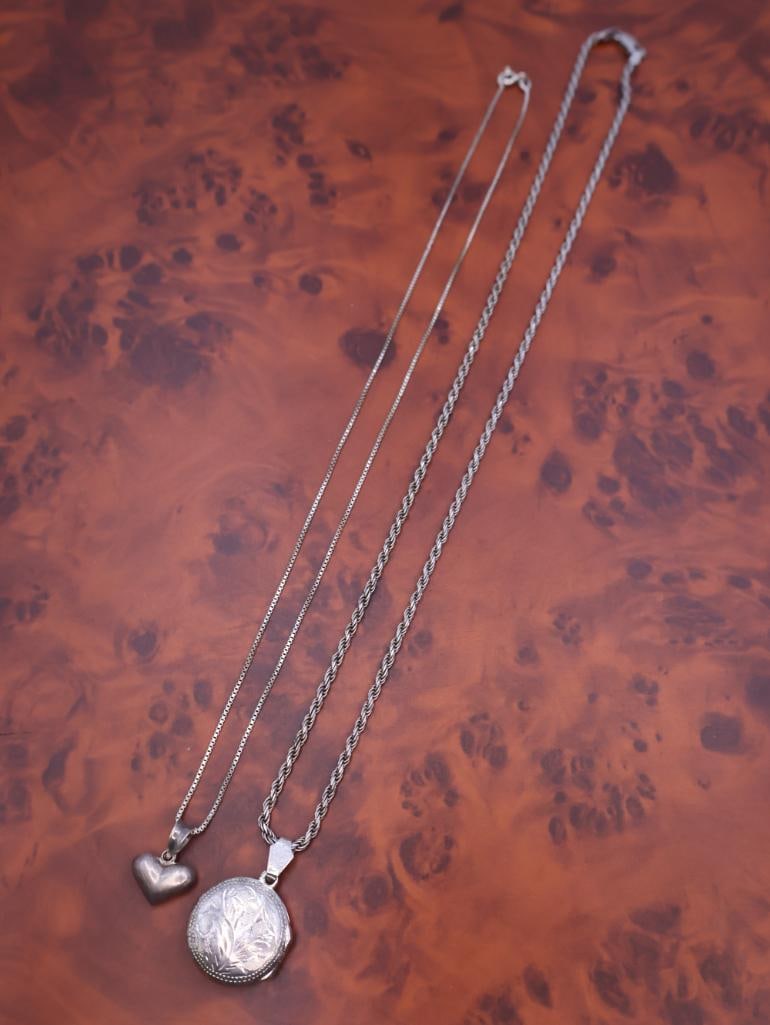 Vintage sterling silver locket necklaces, one heart-shaped pendant - 2