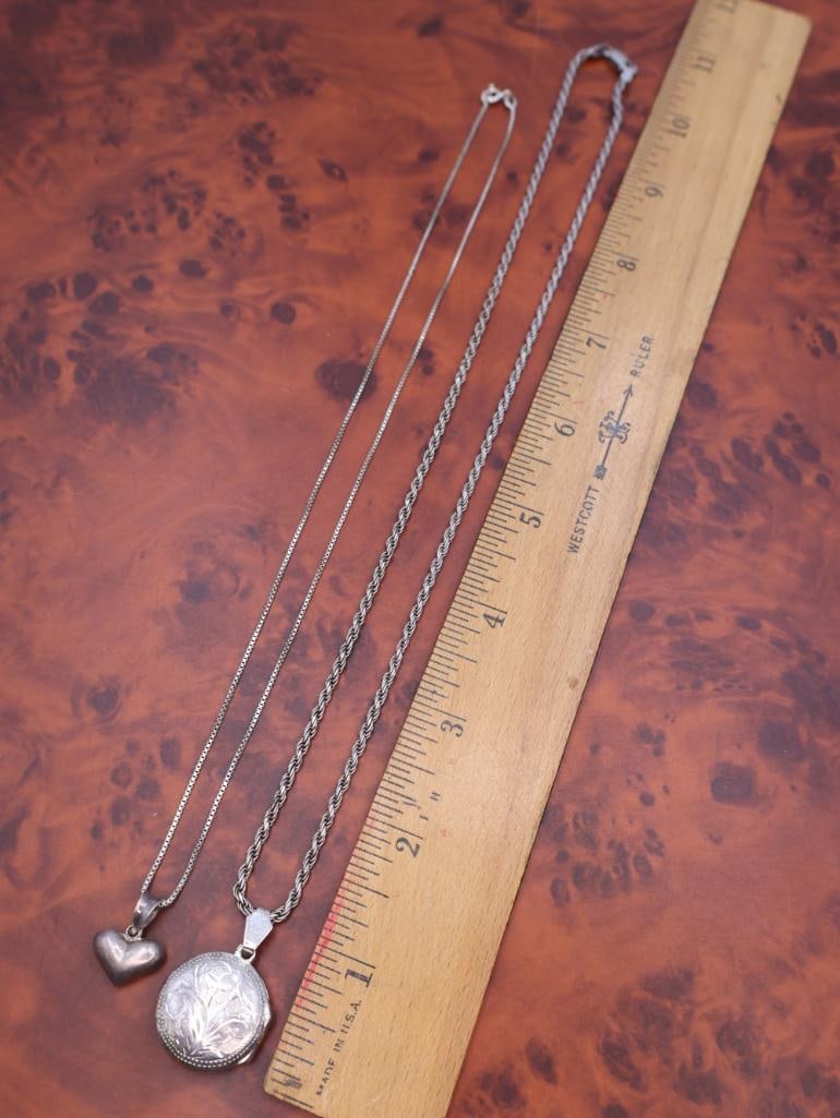 Vintage sterling silver locket necklaces, one heart-shaped pendant - 3