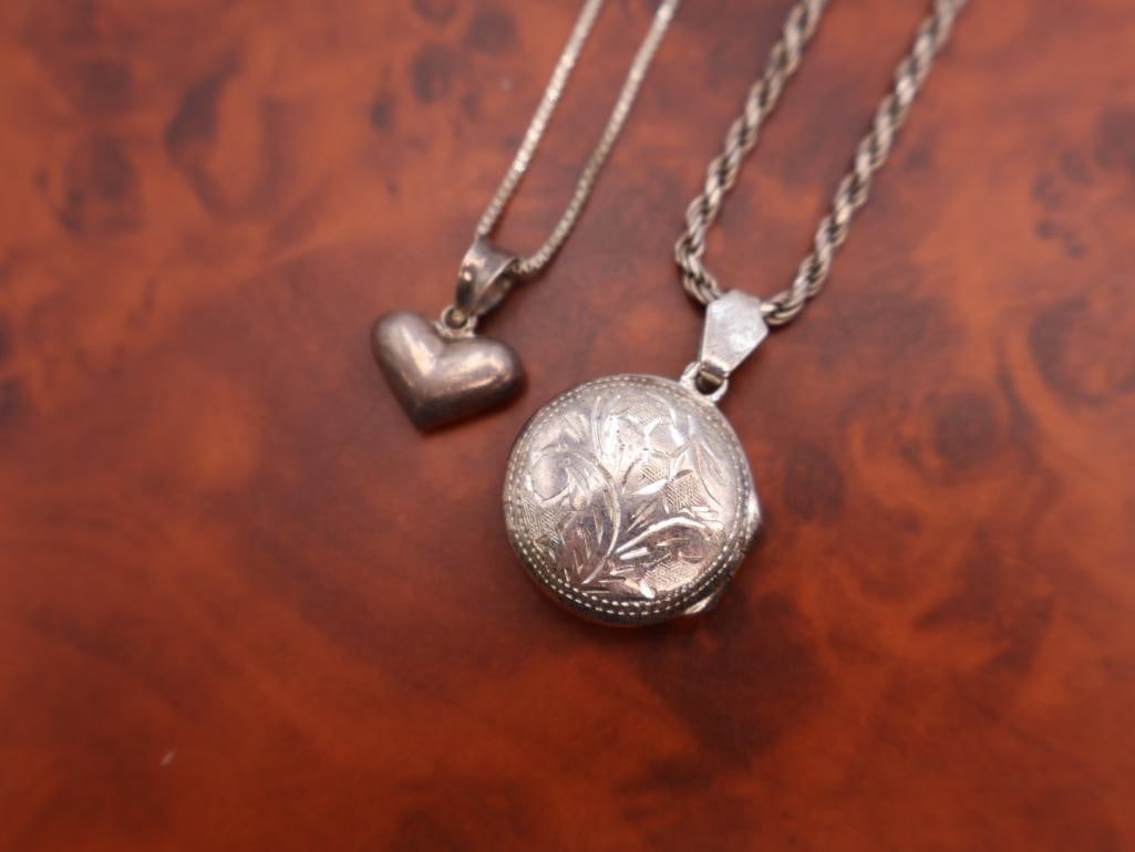 Vintage sterling silver locket necklaces, one heart-shaped pendant - 4