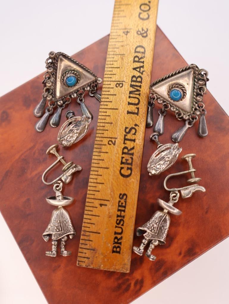 Collection of vintage sterling silver dangle screw-back earrings - 2