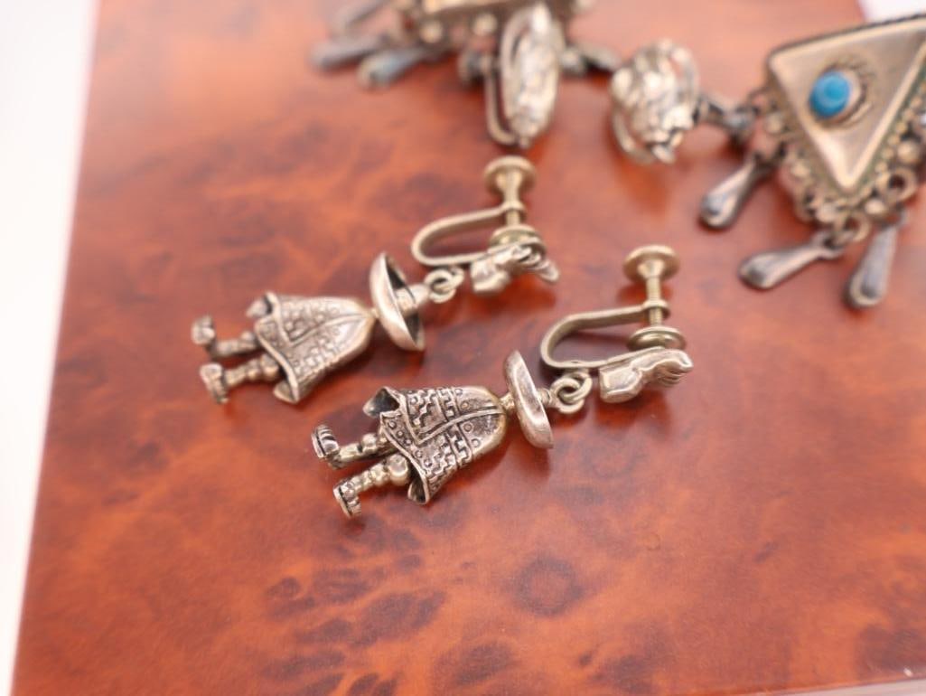 Collection of vintage sterling silver dangle screw-back earrings - 3