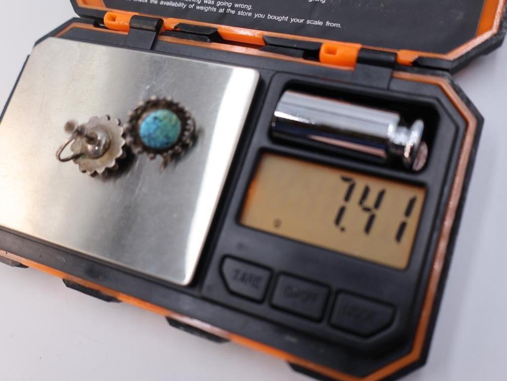 Vintage sterling silver screw-back earrings with genuine turquoise stones - 7