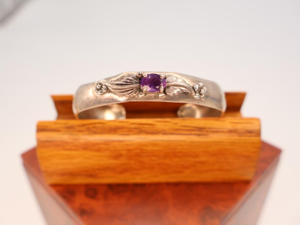 Vintage Carol Felley sterling silver amethyst flower cuff bracelet - 2