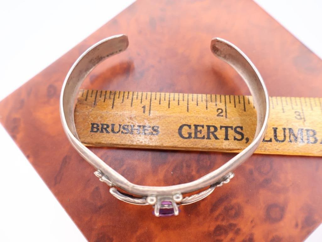 Vintage Carol Felley sterling silver amethyst flower cuff bracelet - 3