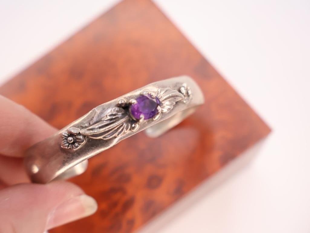 Vintage Carol Felley sterling silver amethyst flower cuff bracelet - 5