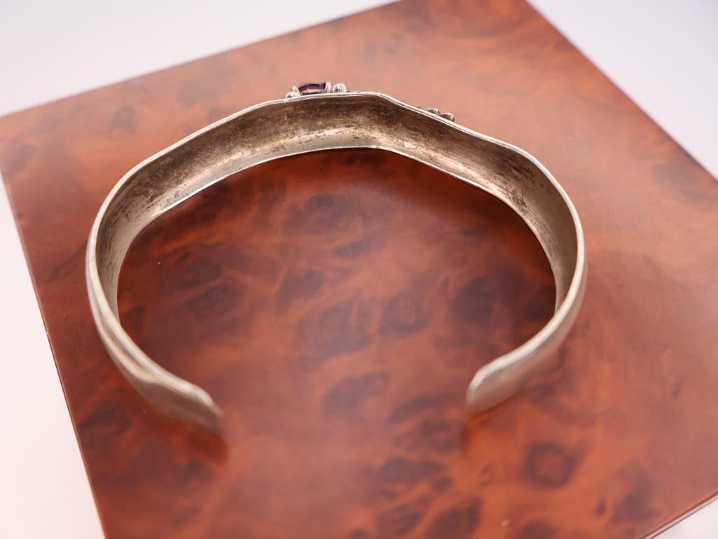 Vintage Carol Felley sterling silver amethyst flower cuff bracelet - 7
