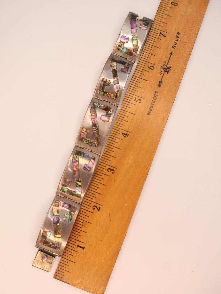 Vintage Mexican sterling silver abalone shell inlaid panel bracelet - 3