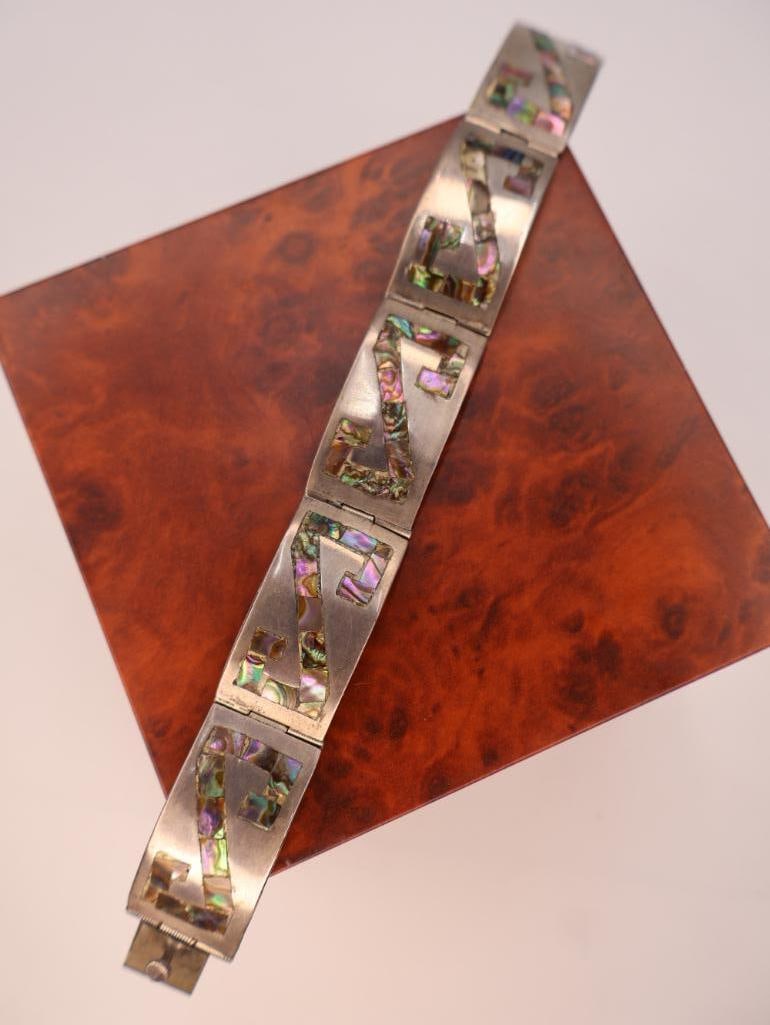 Vintage Mexican sterling silver abalone shell inlaid panel bracelet - 4