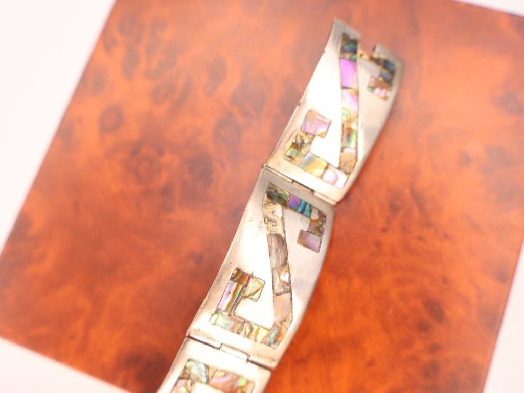 Vintage Mexican sterling silver abalone shell inlaid panel bracelet - 5