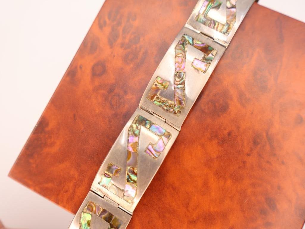 Vintage Mexican sterling silver abalone shell inlaid panel bracelet - 6