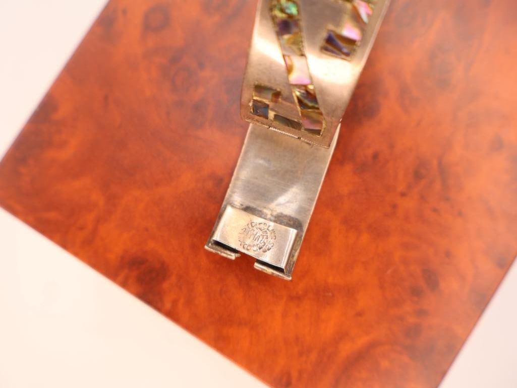 Vintage Mexican sterling silver abalone shell inlaid panel bracelet - 7