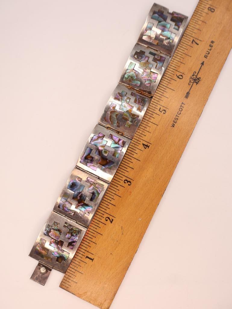 Vintage Mexican sterling silver and abalone inlay link bracelet - 3