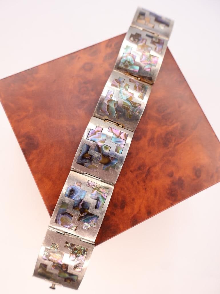 Vintage Mexican sterling silver and abalone inlay link bracelet - 4