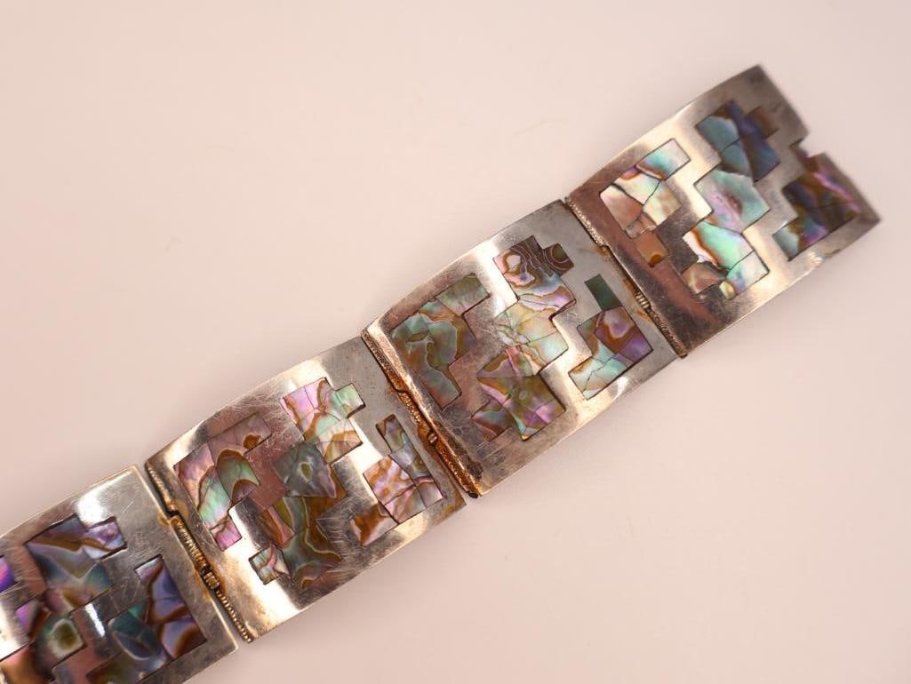 Vintage Mexican sterling silver and abalone inlay link bracelet - 7