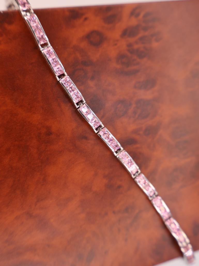 Three Sterling Silver Bracelts, including Pink Stone Tennis Bracelet - 3