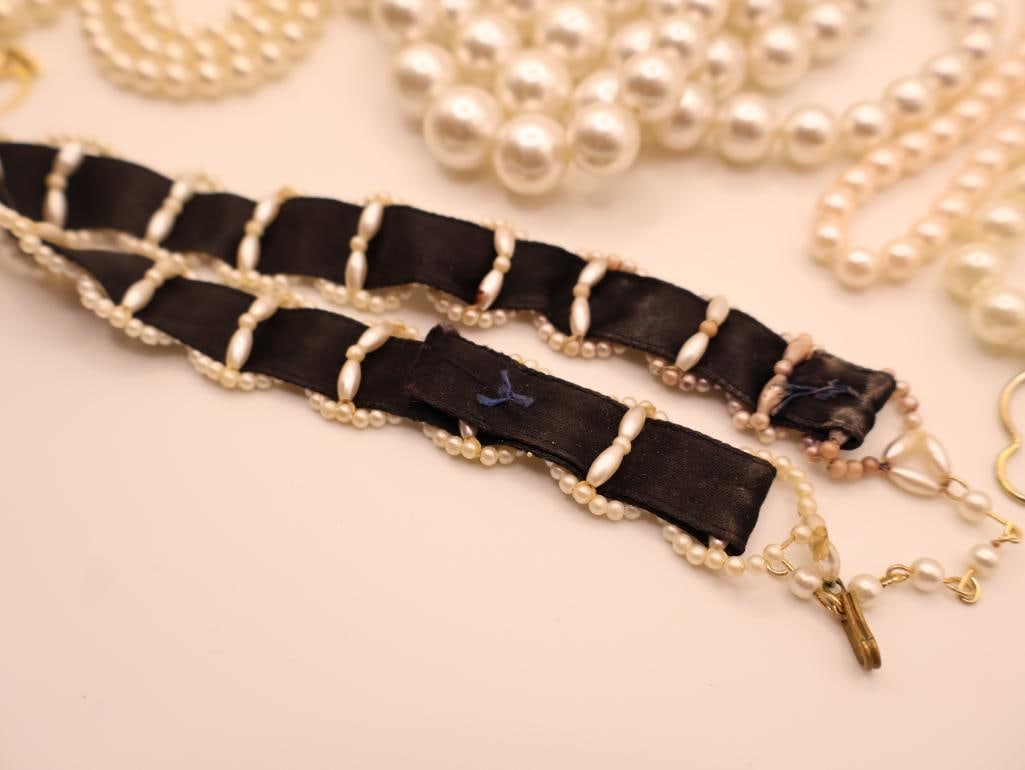Vintage Pearl-Looking Costume Jewelry, and Black Ribbon Silk Choker - 10