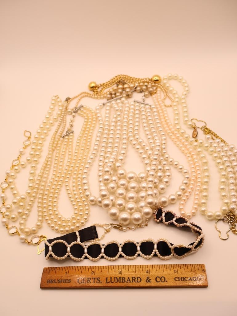 Vintage Pearl-Looking Costume Jewelry, and Black Ribbon Silk Choker - 2