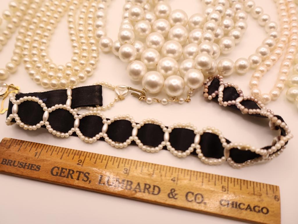 Vintage Pearl-Looking Costume Jewelry, and Black Ribbon Silk Choker - 3