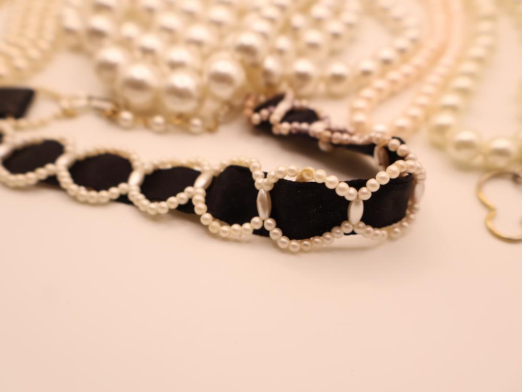 Vintage Pearl-Looking Costume Jewelry, and Black Ribbon Silk Choker - 4