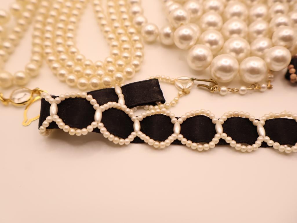 Vintage Pearl-Looking Costume Jewelry, and Black Ribbon Silk Choker - 5