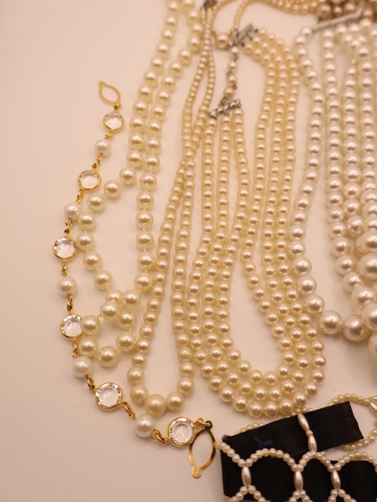 Vintage Pearl-Looking Costume Jewelry, and Black Ribbon Silk Choker - 6