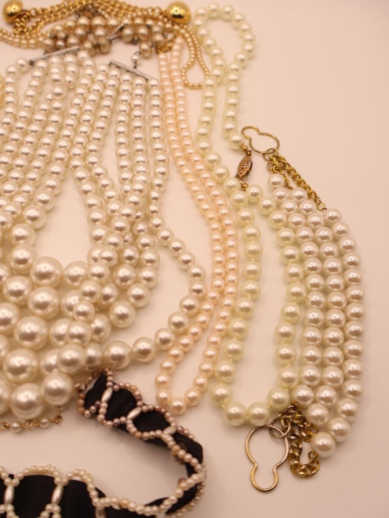 Vintage Pearl-Looking Costume Jewelry, and Black Ribbon Silk Choker - 9