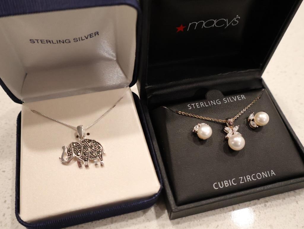 Sterling Silver Pearl & Cubic Zirconia Set and Sterling Silver Marcasite Elephant Necklace - 2