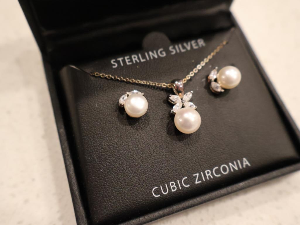 Sterling Silver Pearl & Cubic Zirconia Set and Sterling Silver Marcasite Elephant Necklace - 6