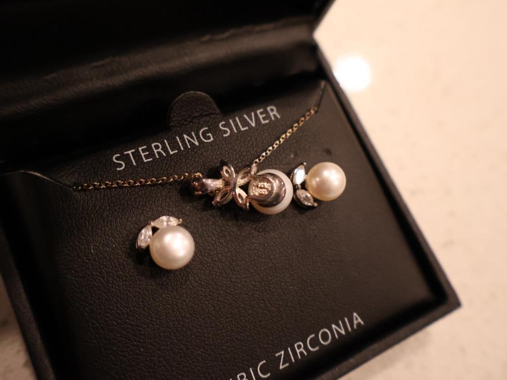 Sterling Silver Pearl & Cubic Zirconia Set and Sterling Silver Marcasite Elephant Necklace - 8