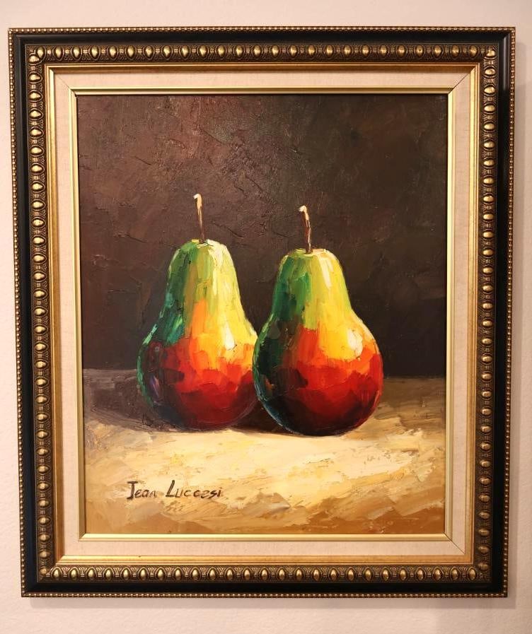 Original still life oil painting by contemporary artist Jean Luccesi: Depicting a pair of pears in a vibrant, impressionistic style. Medium: Oil on canvas or board, characterized by rich impasto brushwork and a bold color palette of greens, oranges, and deep reds.