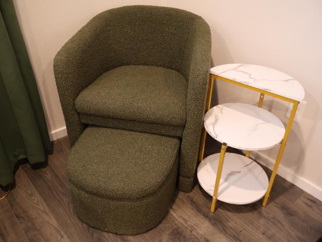 Modern upholstered accent set and a multi-tiered display stand: The ottoman opens to reveal a hollow interior, providing a discreet storage compartment for blankets, magazines, or remote controls.