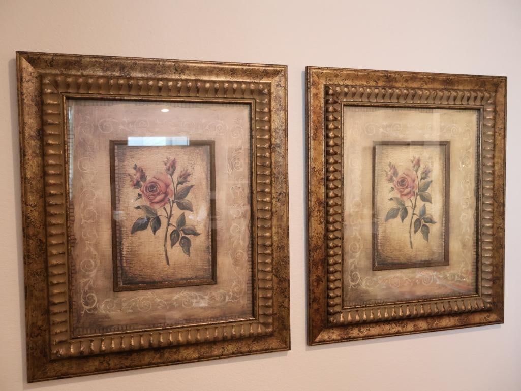 Matching pair of botanical rose art prints, elegantly presented in large, ornate gold-tone frames (1 of 8)