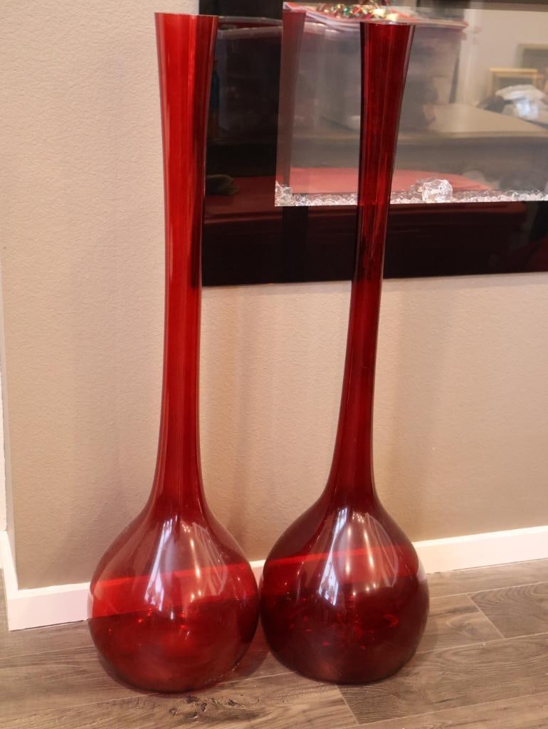 Matching pair of tall ruby red blown glass vases (1 of 3)