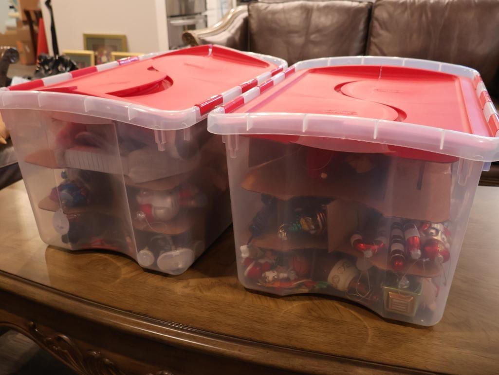 Two Totes filled with Christmas Ornaments and Decorations: Includes blown glass style character ornaments like Christopher Radko Batman, Taz Tasmanian Devil, Mickey Mouse, Pluto, Hello Kitty and more. 