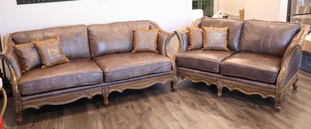Matching traditional European-style leather sofa and loveseat set and chair: Finished in a durable, warm brown leather or high-quality faux leather. Please view all photos to see the condition of these pieces. The back of the couch, has upholstery that has detached. These piec