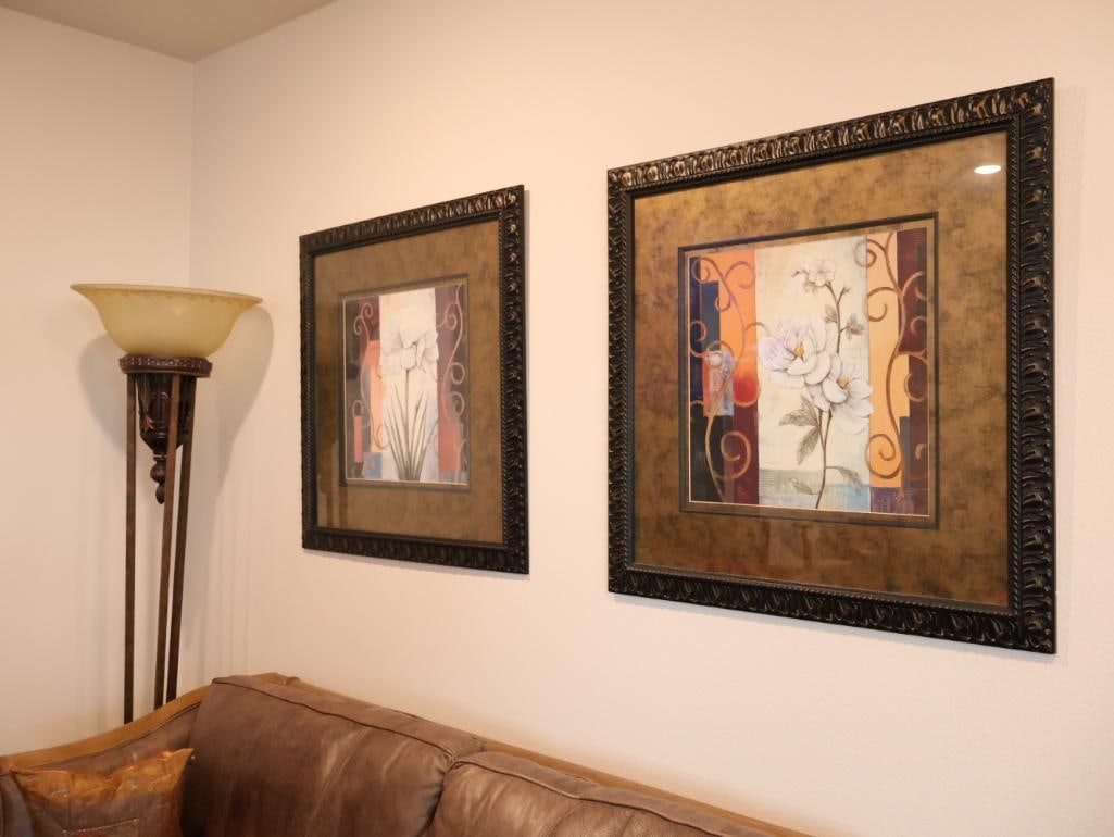Feiss Opera Torchiere Floor Lamp and Two Framed Prints: Click on the main photo to view more photos of this lot. 