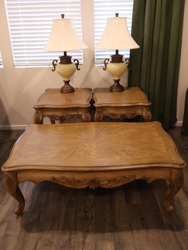 Three-piece French Provincial living room table set and two decorative urn-style table lamps (1 of 20)