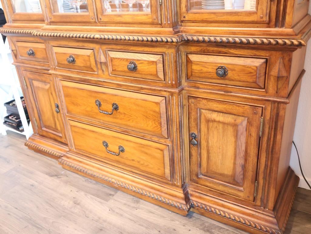 Large Traditional Light Oak Two Piece Lighted China Hutch - 10