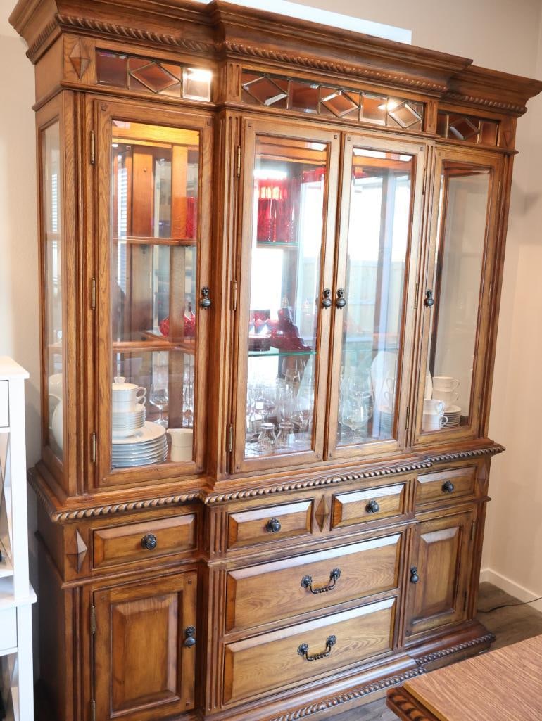 Large Traditional Light Oak Two Piece Lighted China Hutch (1 of 15)