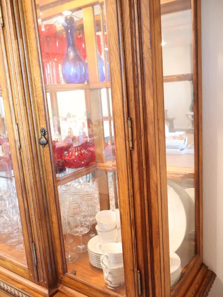 Large Traditional Light Oak Two Piece Lighted China Hutch - 9