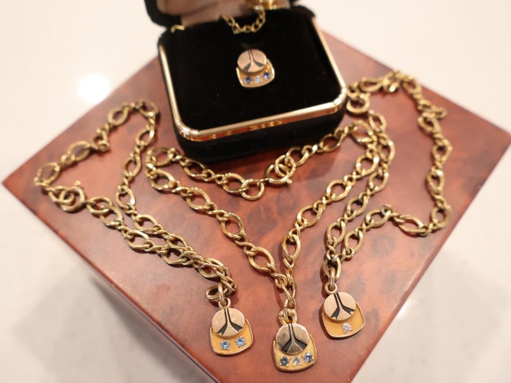 NASA Rockwell Service Award Gold Filled Jewelry Set: Each piece features the iconic Boeing "Totem" logo, which consists of a vertical "BOEING" wordmark over a globe with stylized wings. 10k gf charms and tie tack 